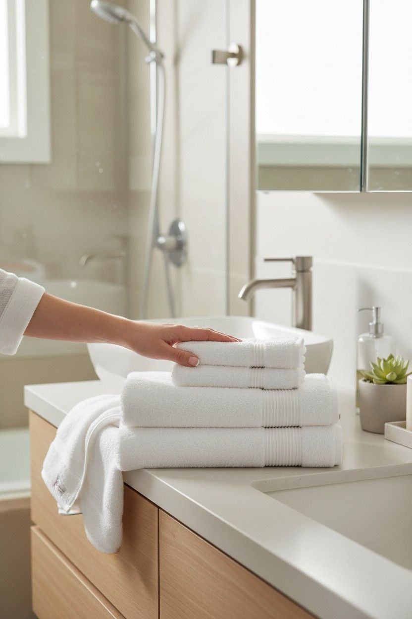 White 600GSM towel folded neatly on hotel bed