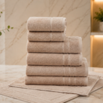 500GSM Latte towels – stacked neatly